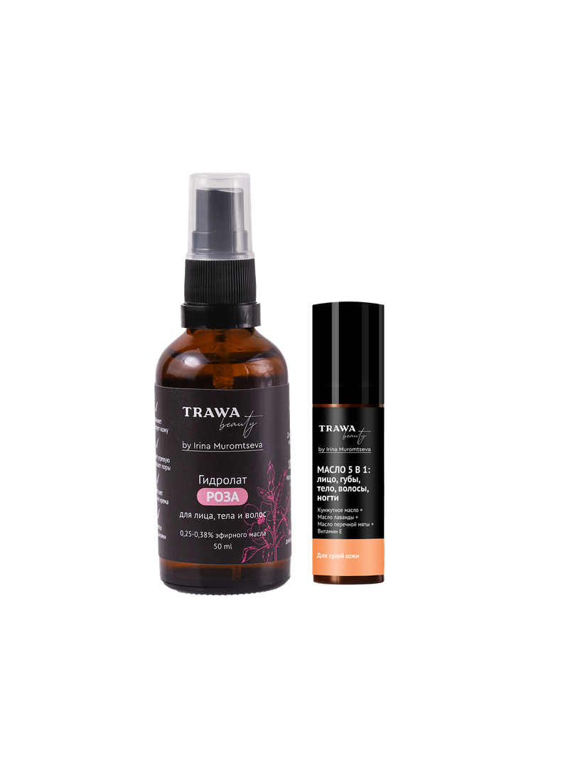 Сет "ВОДА" (гидролат Роза + тревел-версия косметического масла для сухой кожи с роллером) купить на сайте TRAWA