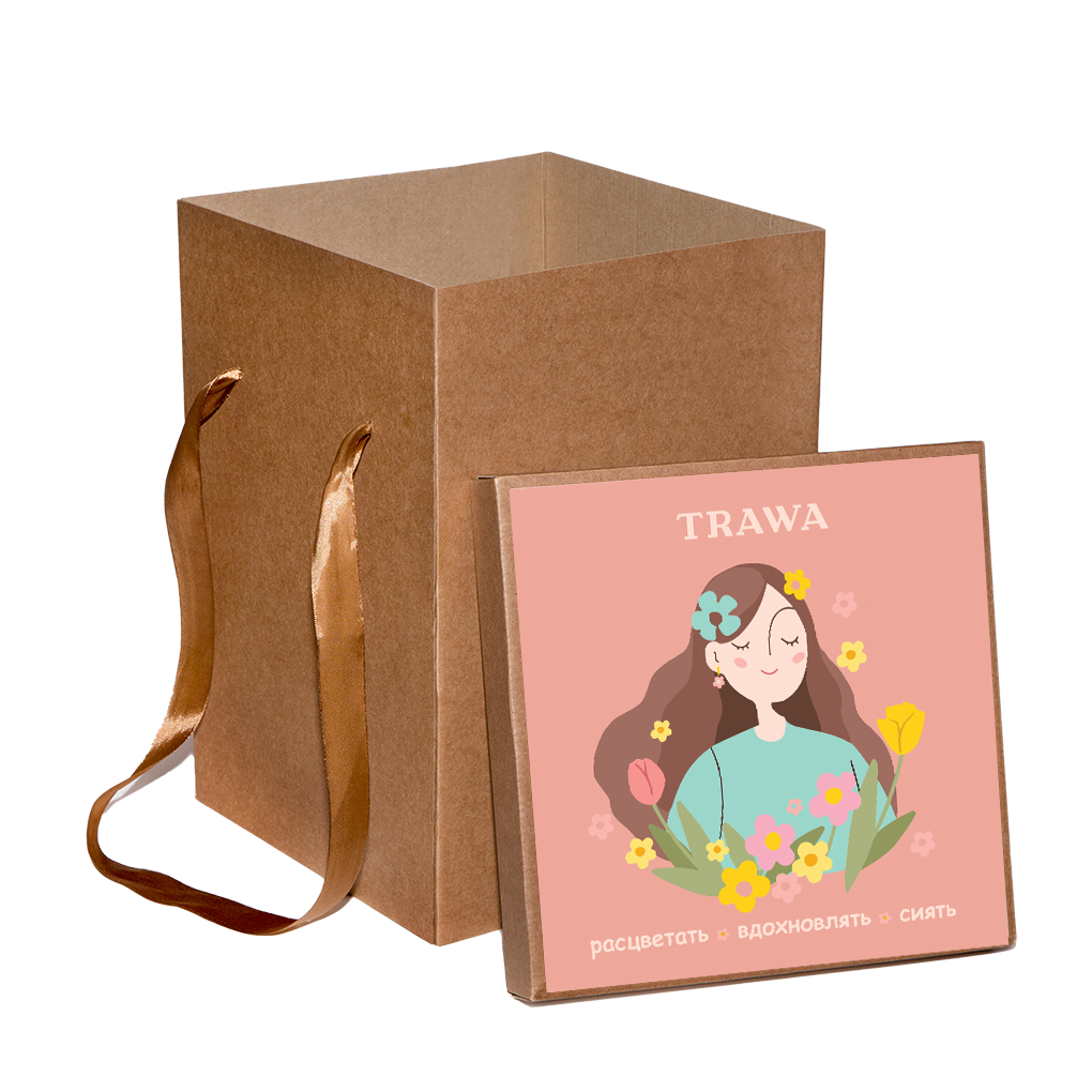 Коробка крафт с лентами 8 марта (розовый наполнитель, специальная наклейка)   купить на сайте TRAWA